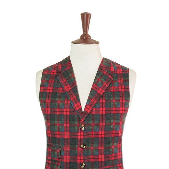 Mens 46R Wool Vest Red Green Blue Tartan Plaid Waistcoat Wedding Party Formal - Picture 3 of 8